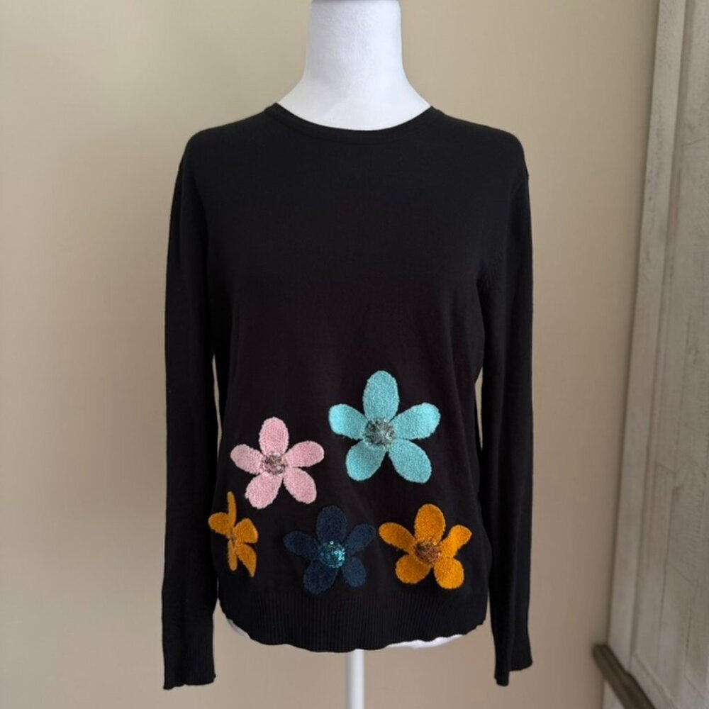 YAL New York Floral Long Sleeve Pullover Sweater Womens Large Cozy Fall Black